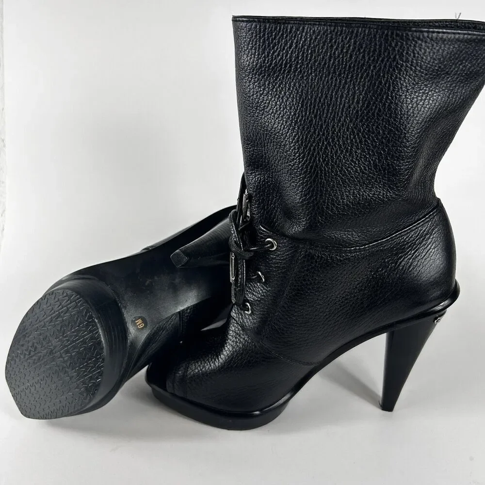 Michael Kors Women's Size 6M Black Leather Peep Toe Lace Up Booties Heels Shoe - Picture 3 of 9